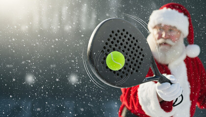 Santa Claus playing padel on a court, dynamic action scene with blurred background, concept of New Year sport, celebration and festive holiday energy