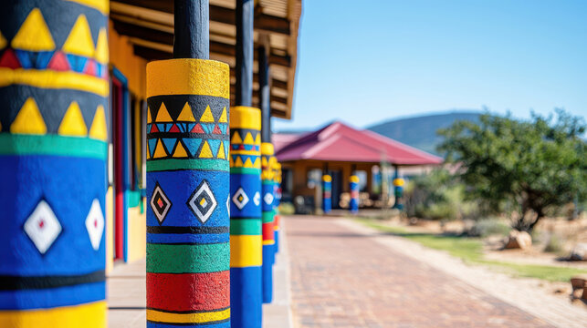 Vibrant painted columns showcase traditional Ndebele art, enhancing colorful architecture in serene outdoor setting