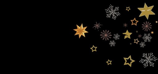 Festive background with gold stars and snowflakes on a black background. Perfect for Christmas, New Year, or winter holidays.