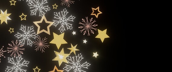 Elegant winter design with gold stars and snowflakes on a black background. Perfect for Christmas, New Year, and winter holidays.