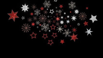 Festive background with red and white stars and snowflakes on a black background. Perfect for Christmas and winter designs.