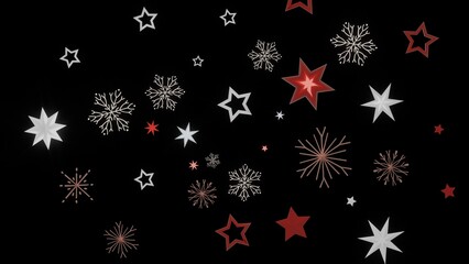 Festive winter background with red and white stars and snowflakes on a black background. Perfect for Christmas or New Year's designs.