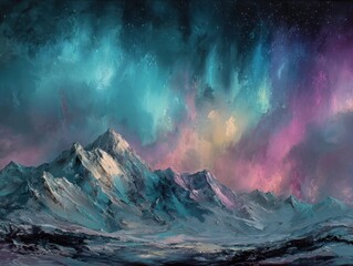 Abstract Impressionist Painting Winter Mountain Range, Aurora Borealis Sky, Vibrant Northern Lights Display, Snowy Landscape, Arctic Scenery, Ethereal Atmosphere, Cold Climate Wilderness, Colorful 