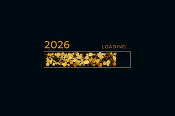 2026 loading progress with golden confetti on dark background. Perfect for New Year's greetings, event invitations, and digital design projects.