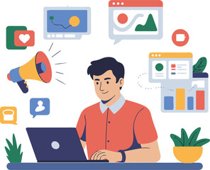 Digital marketing character illustration, young man working on laptop surrounded by social media icons, charts, and megaphone, colorful flat vector