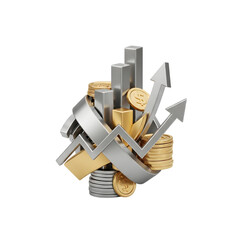 Financial growth concept with bar graph, coins, and upward arrows isolated on transparent background