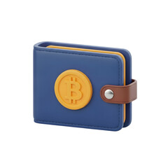 Blue bitcoin wallet with brown strap isolated on transparent background, cryptocurrency storage concept