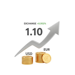 Currency exchange rate with upward arrow and coins isolated on transparent background, usd to eur concept