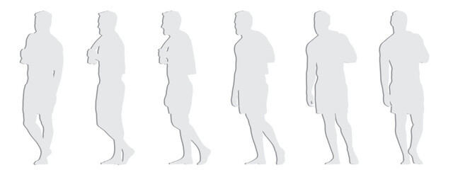 Vector concept conceptual gray paper cut silhouette of a man in  shorts with a towel standing from different perspectives isolated on white background.  A metaphor for sport, fitness,  health and well