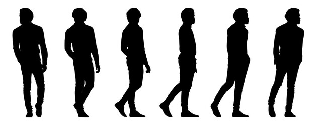  Vector concept conceptual black silhouette of an young man walking from different perspectives isolated on white. A metaphor for casual, fashion, relaxation, leisure and lifestyle