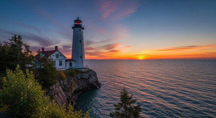 Fototapeta premium Beautiful lighthouse at sunset on the coast