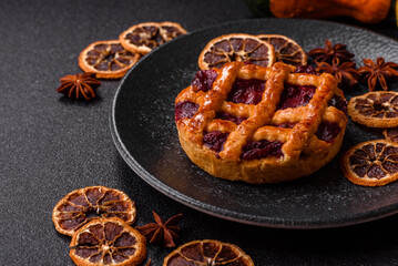 Cherry or strawberry sweet American Christmas pie or tart. American cherry pie