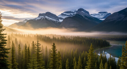 Obraz premium Misty Mountains and Evergreen Forest at Sunrise