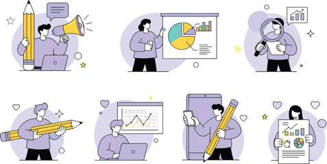 Set of illustrations depicting business presentation