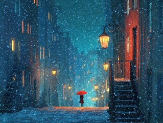 Solitary Figure Red Umbrella Snowy Street Lantern Glow Warm Lights Winter Evening