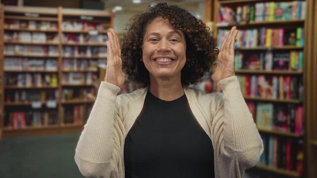 Woman smiling and framing face with hands in a library building among tall bookshelves; inspiration happiness.