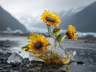 Intricate Glass Sunflowers Sculpture Amidst Ice Chunks and Rocky Ground with Glacier Mountains Background Under Overcast Sky