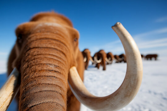 Majestic ancient creatures traversing the icy tundra under a clear blue sky. A close-up captures the mammoth's impressive tusks, relics of a bygone era and a testament to survival.