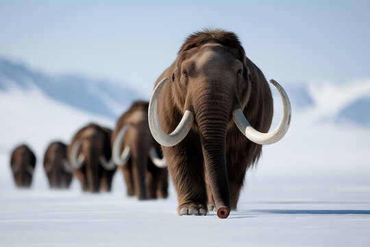 A majestic woolly mammoth herd treks across a vast, snow-covered landscape. The lead mammoth dominates the frame with its impressive tusks and furry coat, ancient giants.