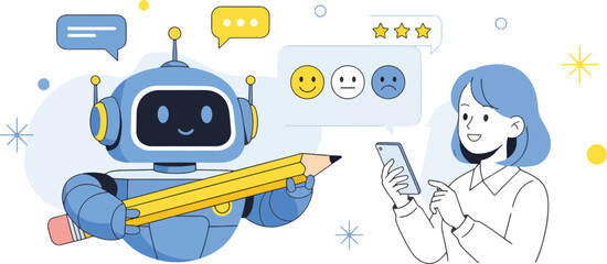 Customer satisfaction survey with robot and woman