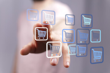 Person interacting with digital shopping cart icons, representing online shopping, e-commerce, and digital transactions. Ideal for illustrating