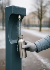 Close-up of clean water pouring into stainless bottle from public fountain on snowy winter day. Eco-friendly hydration.