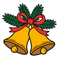 Two golden bells tied with a red ribbon and green pine branches, symbolizing festive Christmas cheer and holiday joy