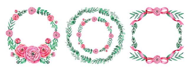 Watercolor Floral frame set with ribbon bow and love element.