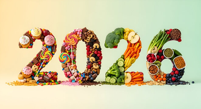 Numbers 2026 made from sweets and healthy foods, half candies and cakes, half fruits and vegetables, concept of New Year diet, balance and lifestyle choices, colorful and fun composition