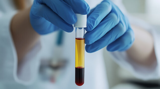 Close-up of gloved hands holding a test tube filled with blood sample layers of plasma and serum, a vital medical research tool in a lab. Precision in healthcare analysis.