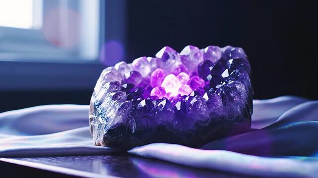 A close-up of a large amethyst crystal cluster on a silky, reflective surface