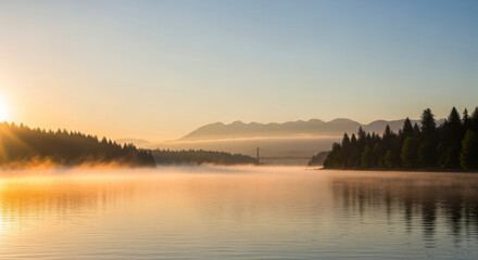 Obraz premium Golden Sunrise Over Misty Mountain Lake with Pine Trees