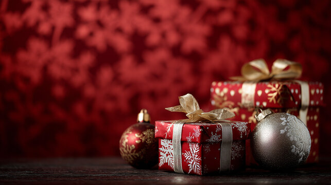 Tr&ecirc;s caixas de presente natalino com la&ccedil;os decorativos sobre fundo claro, evocando generosidade, carinho, celebra&ccedil;&atilde;o familiar e atmosfera festiva de Natal