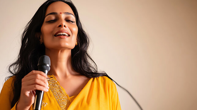 A serene woman sings with passion, eyes closed, dressed in a vibrant yellow garment. The microphone in her hand captures every note, filling the air with melody. A portrait of soulful expression.