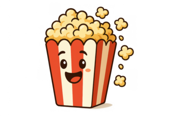 Happy cartoon popcorn bucket enjoying a movie night snack, bringing joy and entertainment, transparent background