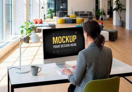Screen Computer Mockup Young Woman Seated at Coworking 