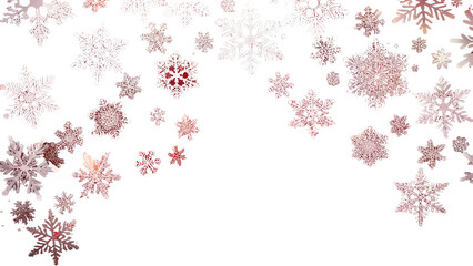 3d illustration of delicate rose gold snowflakes falling against a clean transparent background, creating a soft winter wonderland effect