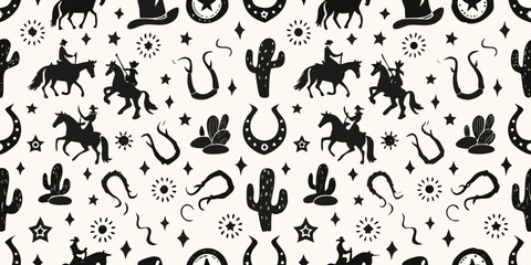 Seamless pattern of cowboy silhouettes on horseback with western elements like cactuses and horseshoes