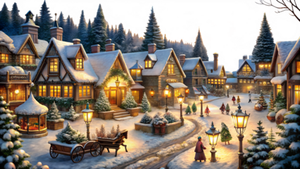 3d illustration of charming snowcovered village street at dusk, with warm lights glowing from windows and festive decorations, evoking a cozy christmas atmosphere isolated on transparent background