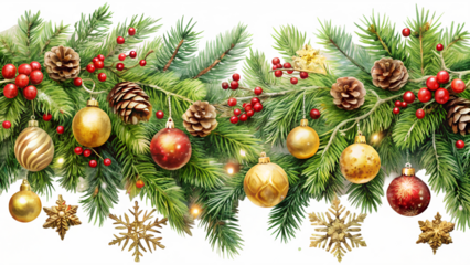 3d illustration of festive christmas garland with pine branches, pine cones, red berries, golden and red baubles, and sparkling snowflakes isolated on transparent background