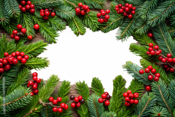 3d illustration of christmas wreath frame made of evergreen branches and red berries, with a white space in the center for text or design elements isolated on transparent background