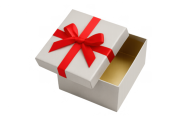 Open gift box revealing golden interior, celebrating holiday giving and surprise, white present with red ribbon