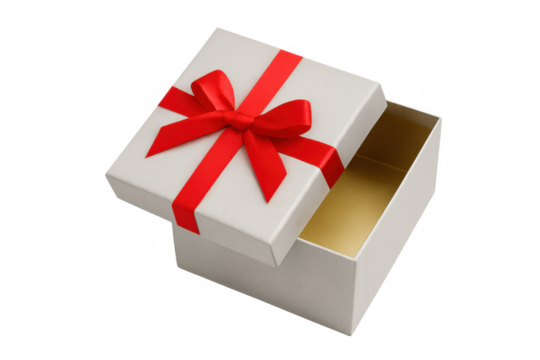Open gift box revealing golden interior, celebrating holiday giving and surprise, white present with red ribbon