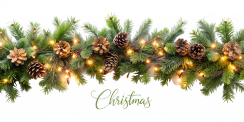 3d illustration of christmas garland with pine cones and warm lights, isolated on transparent background