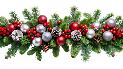 3d illustration of christmas garland with red and silver baubles, pine cones, and berries, isolated on transparent background