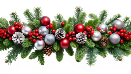 3d illustration of christmas garland with red and silver baubles, pine cones, and berries, isolated on transparent background