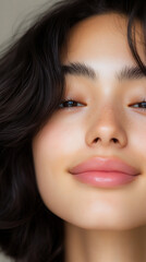 Fototapeta premium Close-up portrait showing the youthful beauty and natural complexion of a smiling person with soft skin and dark hair, emphasizing facial details and serene expression.