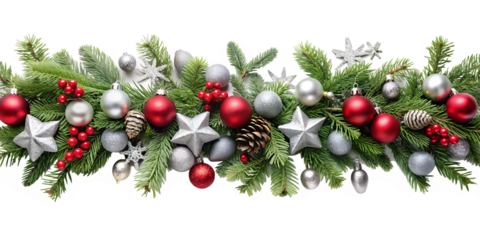 3d illustration of christmas garland with fir branches, red and silver ornaments, pine cone, and berries isolated on transparent background