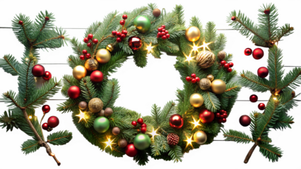3d illustration of a festive christmas wreath made of pine branches, decorated with red and gold baubles, berries, and twinkling lights, isolated on transparent background