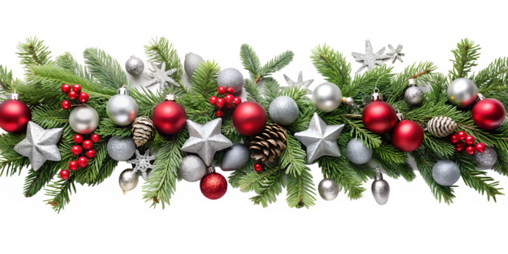 3d illustration of christmas garland with fir branches, red and silver ornaments, pine cone, and berries isolated on transparent background - Powered by Adobe